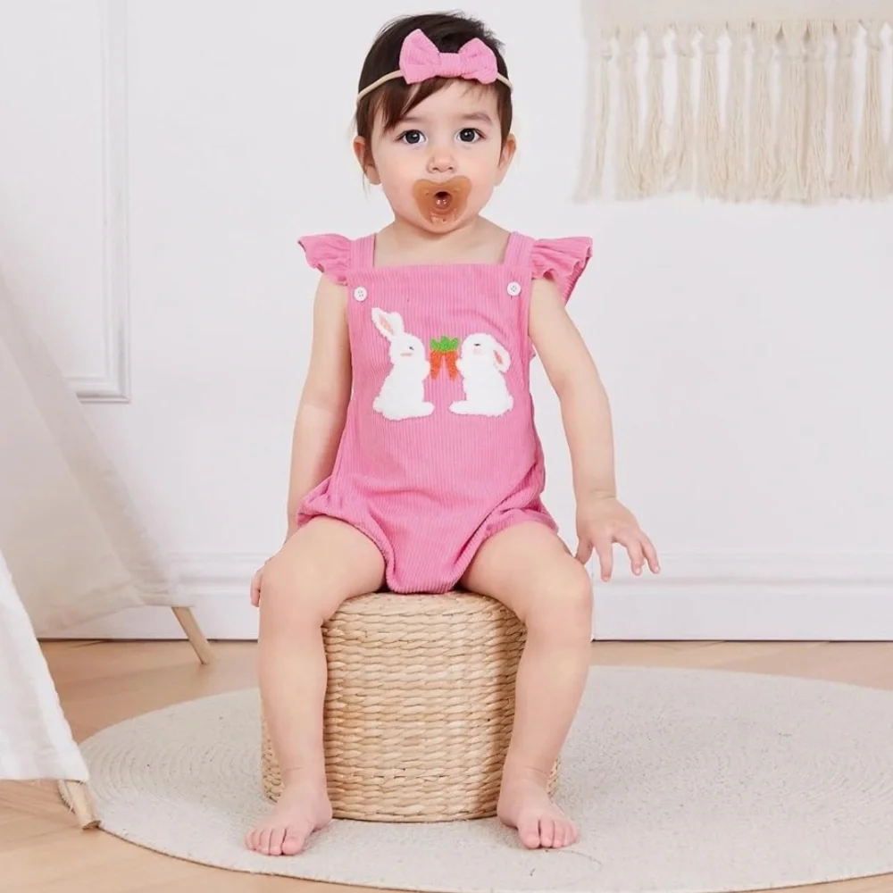 NEW Pink Baby Bubble Easter Romper with Embroidered Bunny & Carrots 6-12 Months